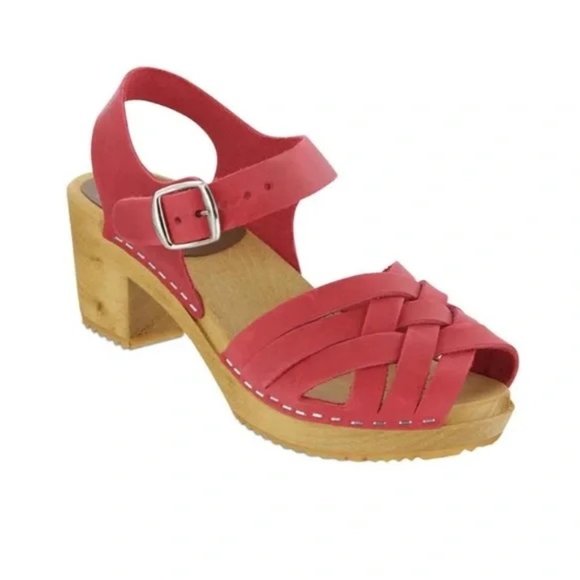 MIA Bety Woven Suede Leather Heeled Wood Swedish Clogs Red Size 39 8.5 - Picture 10 of 10